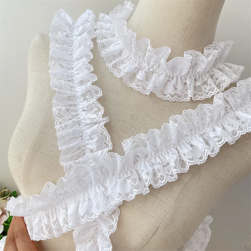 1 Yard 4CM Wide White Mesh 3D Pleated Elastic Lace for Fringes Trim Prom Party Dress Curtains Doll Sewing Accessories Supplies