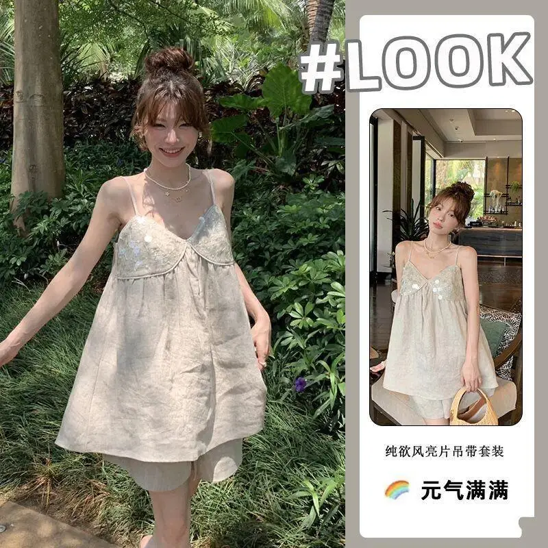 Women's Pajama Set Fashion Homewear Princess Style Sleeveless With Sequins For Women For Home And Outdoor Sweet Fashionable