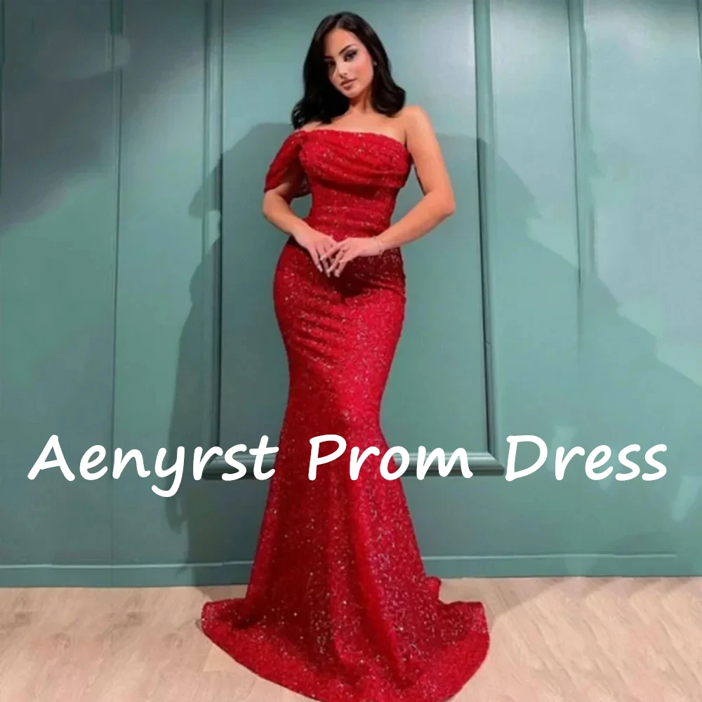 Aenyrst Sexy Red One Shoulder Mermaid Prom Dresses Sequined Bodycon Evening Gowns For Women Floor Length Christmas Party Dress