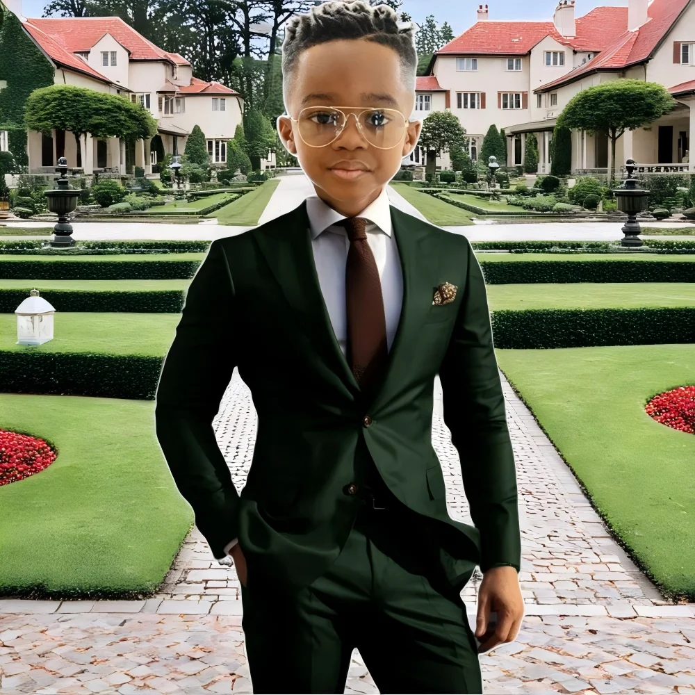 

Dark Green Boy's Formal Slim Fit Single Breasted Elegant Boys Suit Customized Casual Wedding Kids Tuxedos 2-16 years old