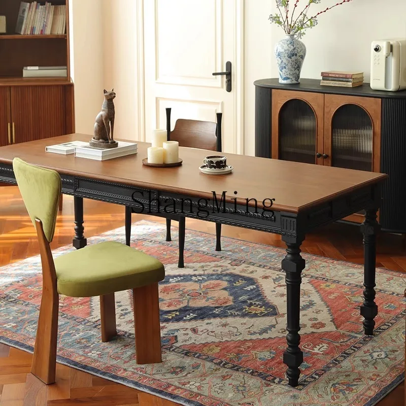 

ZYY household solid wood retro carved dining table two-color contrasting color rectangular dining table restaurant table