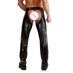 Sexy Mens Trousers Open Crotch PU Leather Latex Loose Long Pants Thongs Leather Fitness Clubwear Gay Sexy Wetlook Jogger Pants