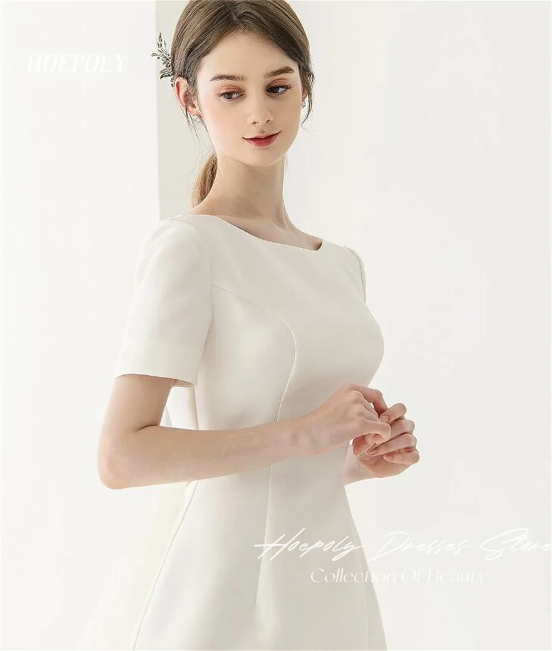 Hoepoly Ivory Vintage Bride Wedding Party Dress Korea 드레스  Photography Satin Boat Neck Ankle Length Wedding Dresses for Women