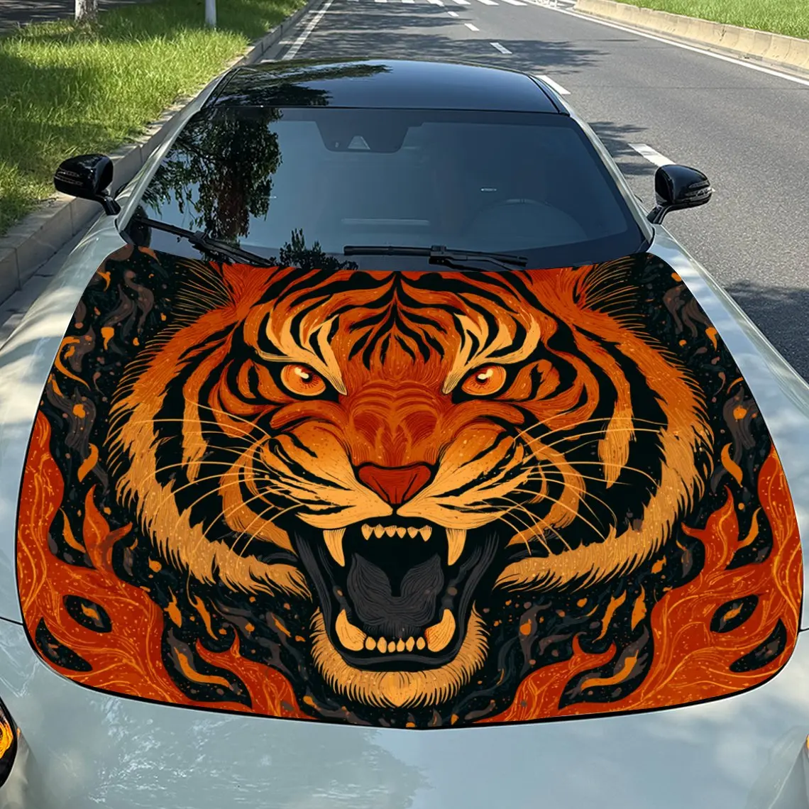 Car Decals Dynamic Tiger Head Design with a Tiger Roaring, Featuring Bold Orange and Black Patterns, Exuding Wild Ferocity Car H