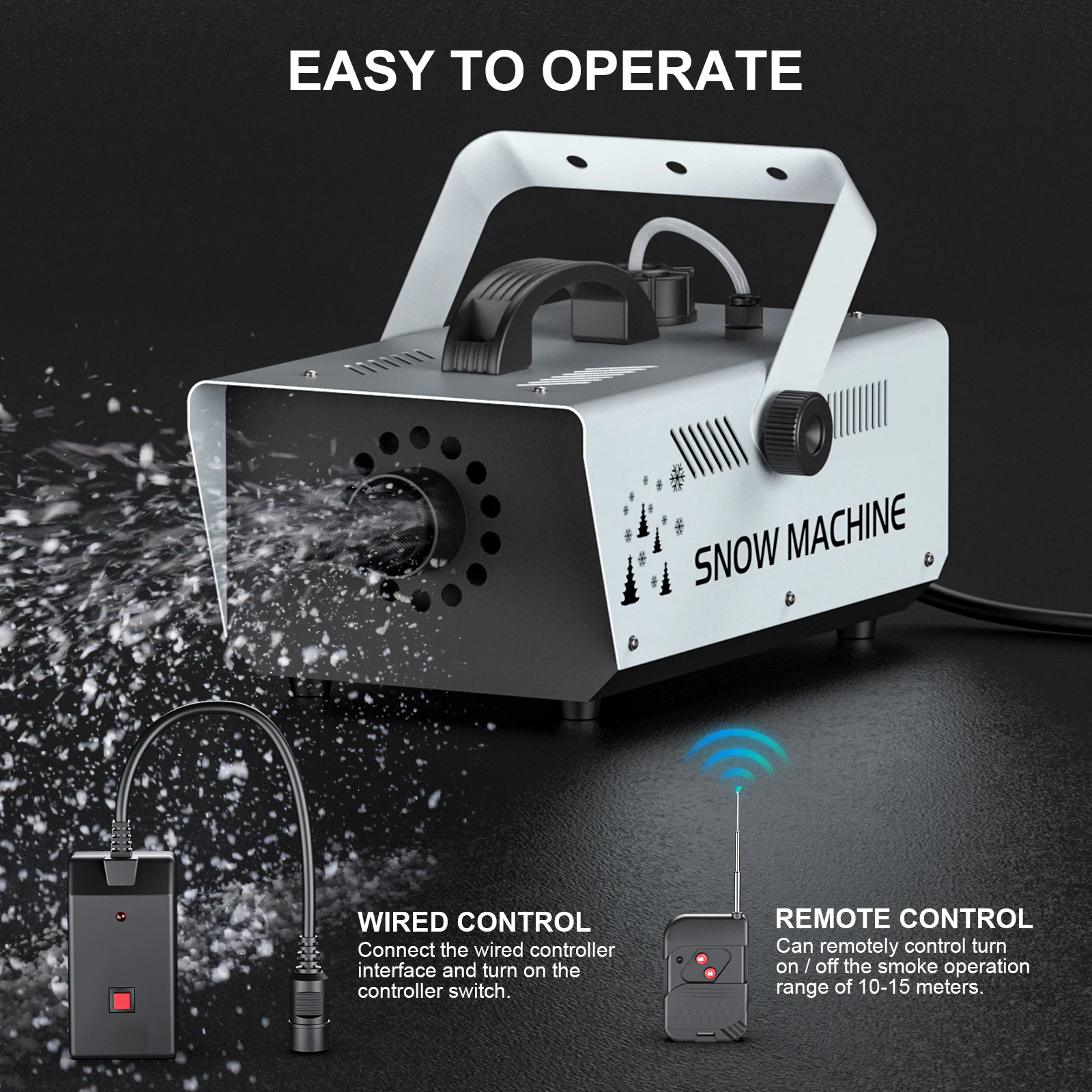 Máquina de nieve U'King de 1000W, Control remoto inalámbrico y con cable, máquinas para hacer copos de nieve artificiales, tamaño ajustable de copo de nieve