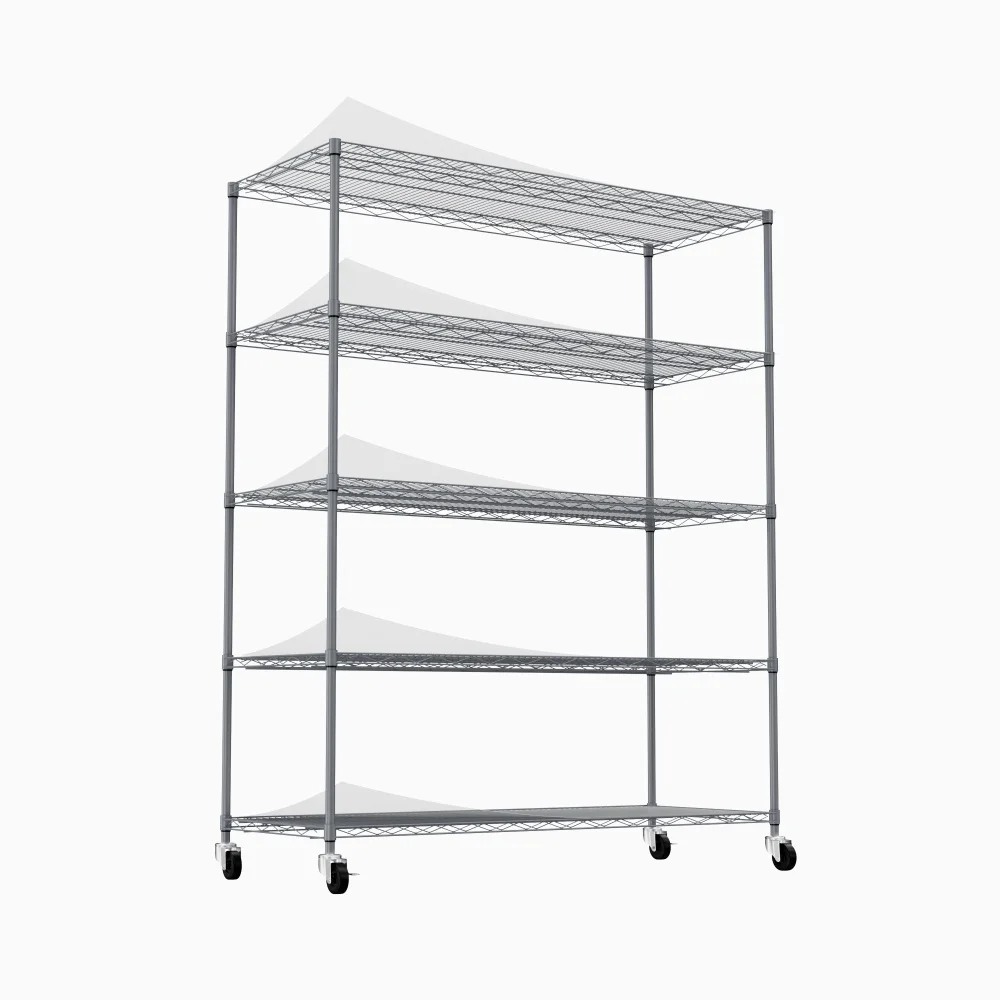 5-tier heavy-duty adjustable shelving & racking, 300 lbs/shelf, with wheels & shelf liners, supermarkets, kitchens.