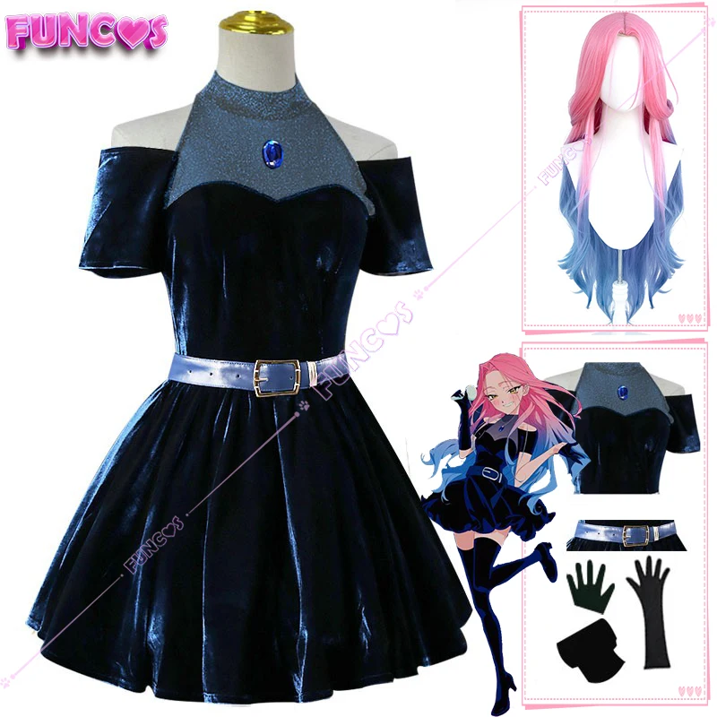 Anime Alien Stage Mizi Cosplay Costume Wig Dark Blue Dress Pink Blue Long Hair Gloves Stockings Belt Set Uniform MY CLEMATIS