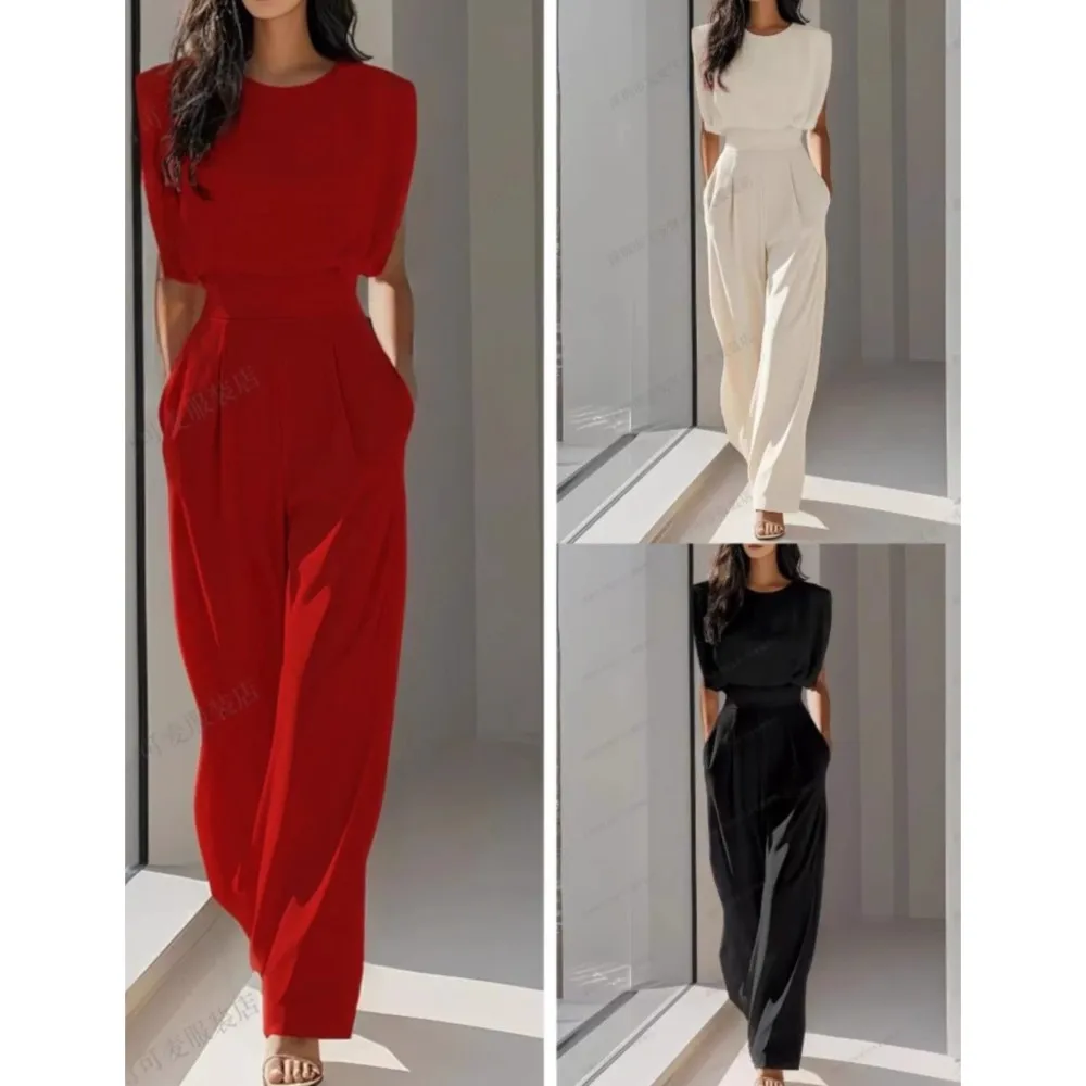 Combinaison élégante taille haute pour femmes, nouvelle mode reine Style été couleur unie ceinture poche bureau capable combinaison