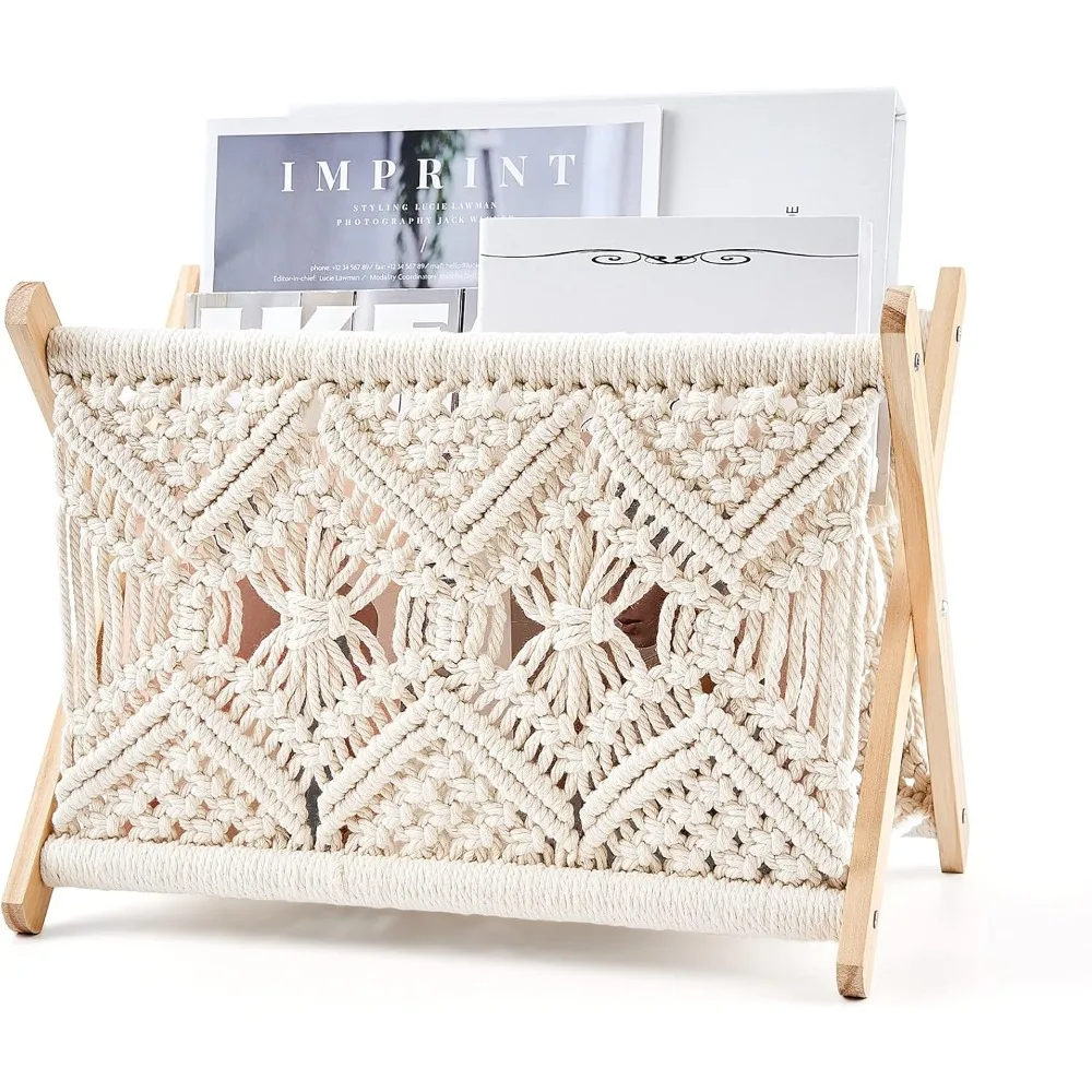 

Macrame Magazine Rack Boho Storage Holder Standing Basket for Books, Newspapers, Swaddle Blanket, Dorm Essentials, Living Room