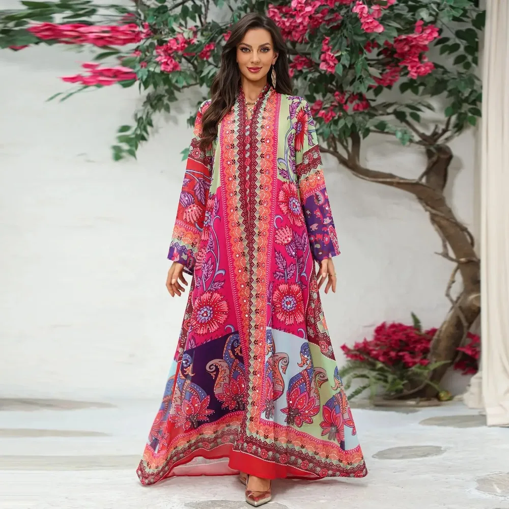 Eid Abaya Women Party Dress Print Jalabiya Diamond Muslim Dubai Longue Vestidos Largos Ramadan Morocco Prayer Caftan Robe Abayas