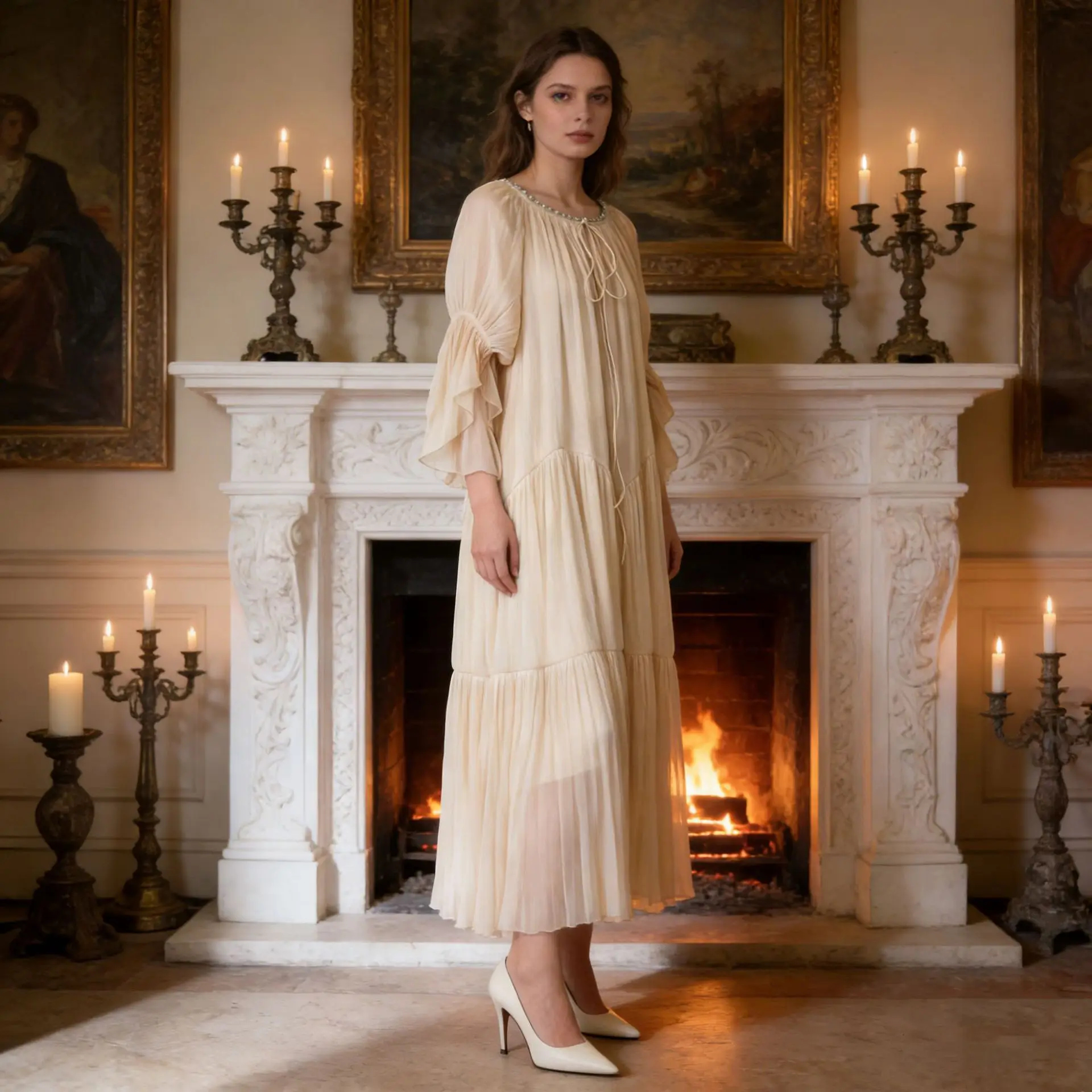 

Элегантное женское платье с рюшами и шнуровкой, пышное, с круглым вырезом и рукавами-колокол, весенне-осеннее, с завышенной талией, длиной до колена