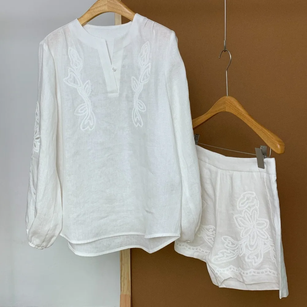 100% Linen Heavy Embroidery Set V-neck Hollow-out Lantern Sleeve Shirt Shorts Two-Piece Set