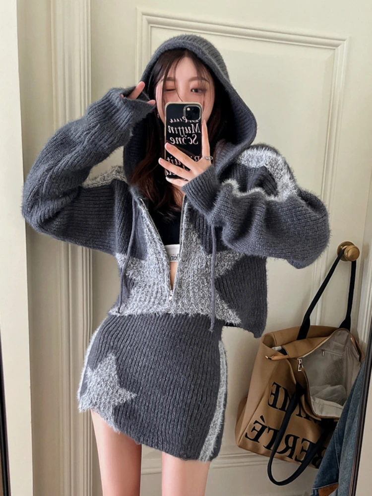 Y2K Vintage Women Cropped Sweater Zip Up Cardigan 2024 Autumn Star Print Jackets Hooded Knitted Skirts Casual Two Pieces Set