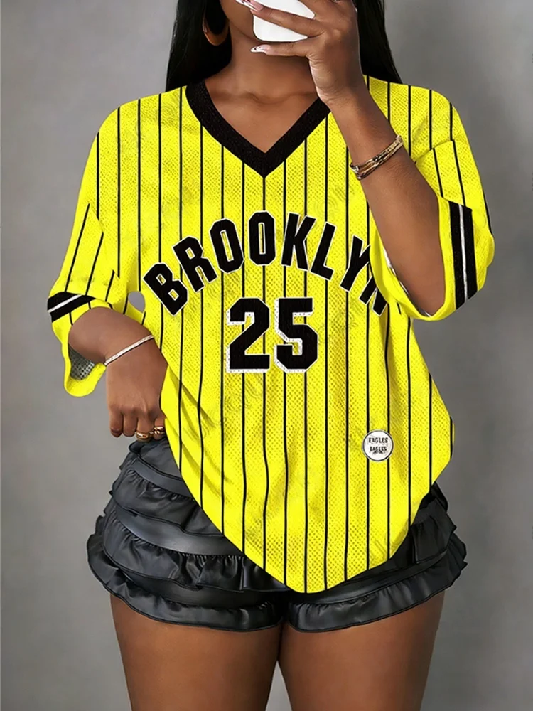 Sommer-T-Shirt für Damen und Kinder, V-Ausschnitt, Kurzarm, gestreift, Brooklyn Nr. 25 Print, Sport-Oberteil, lässiges Fußballtrikot, Y2k-T-Shirt – Detail 13