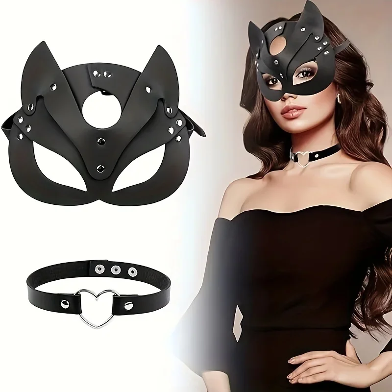 Bunny Fox Cosplay Accessories Set Including Black PU Leather Cat Fox Mask Collar Halloween Party Decorations