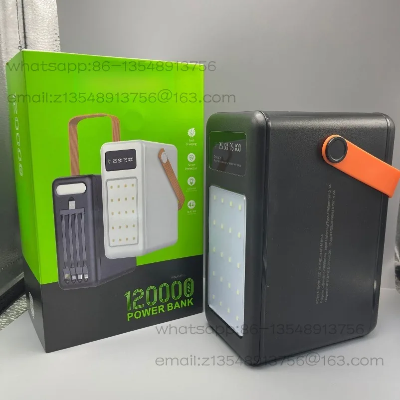 大容量120000mah、4芯ケーブル付きモバイル電源、キャンプ用ライト付き、ポータブル電源バンク
