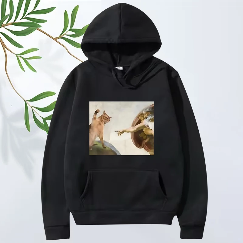 

Funny Cat God Creation of Adam Meme hoodie 2025 men ’s women vintage Long sleeve streetwear funny print oversized hoodie unisex