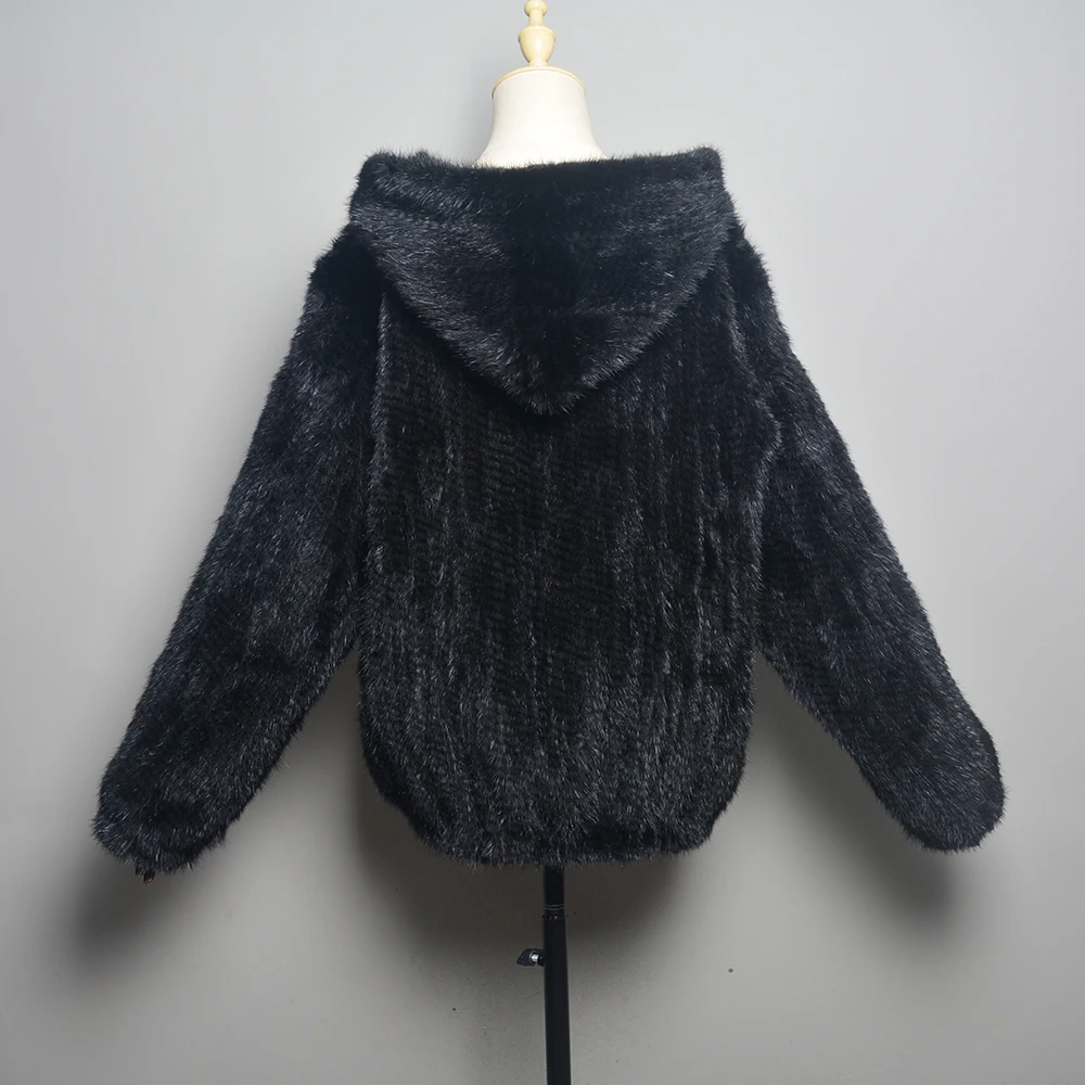 2024 New Women Mink Fur Coat Long-Sleeve Hooded Casual Jacket Fashion All-match Zipper Knitted Outerwear Jacket Custom Plus Size