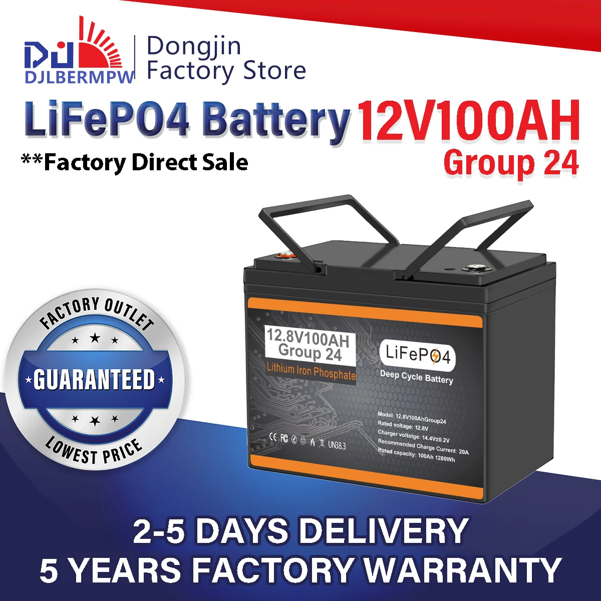 DJLBERMPW 12V 100Ah Group 24 LiFePO4 Battery Lithium Iron Phosphate Batteries 100A BMS for Marine Trolling Motor RV Golf Carts