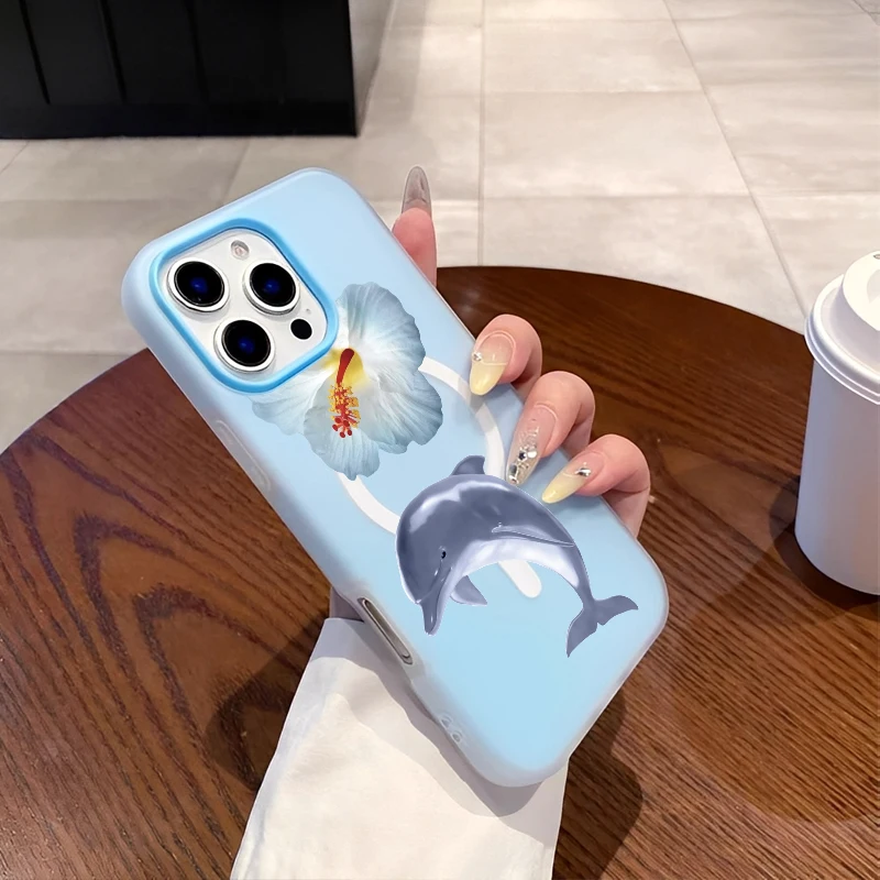 マグネット式の美しいデザイン、新鮮な白い花と可愛い青いイルカをあしらったiPhone16/15/14/13/12/11 PROMAX用スマホケース/カバー