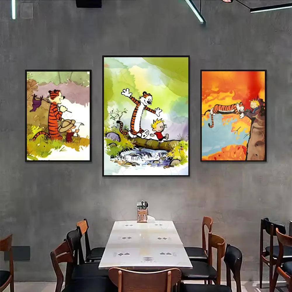 Anime Calvin And Hobbes Poster HD Cartoon Wall Art Self Stick Removable Poster For Home Living Room