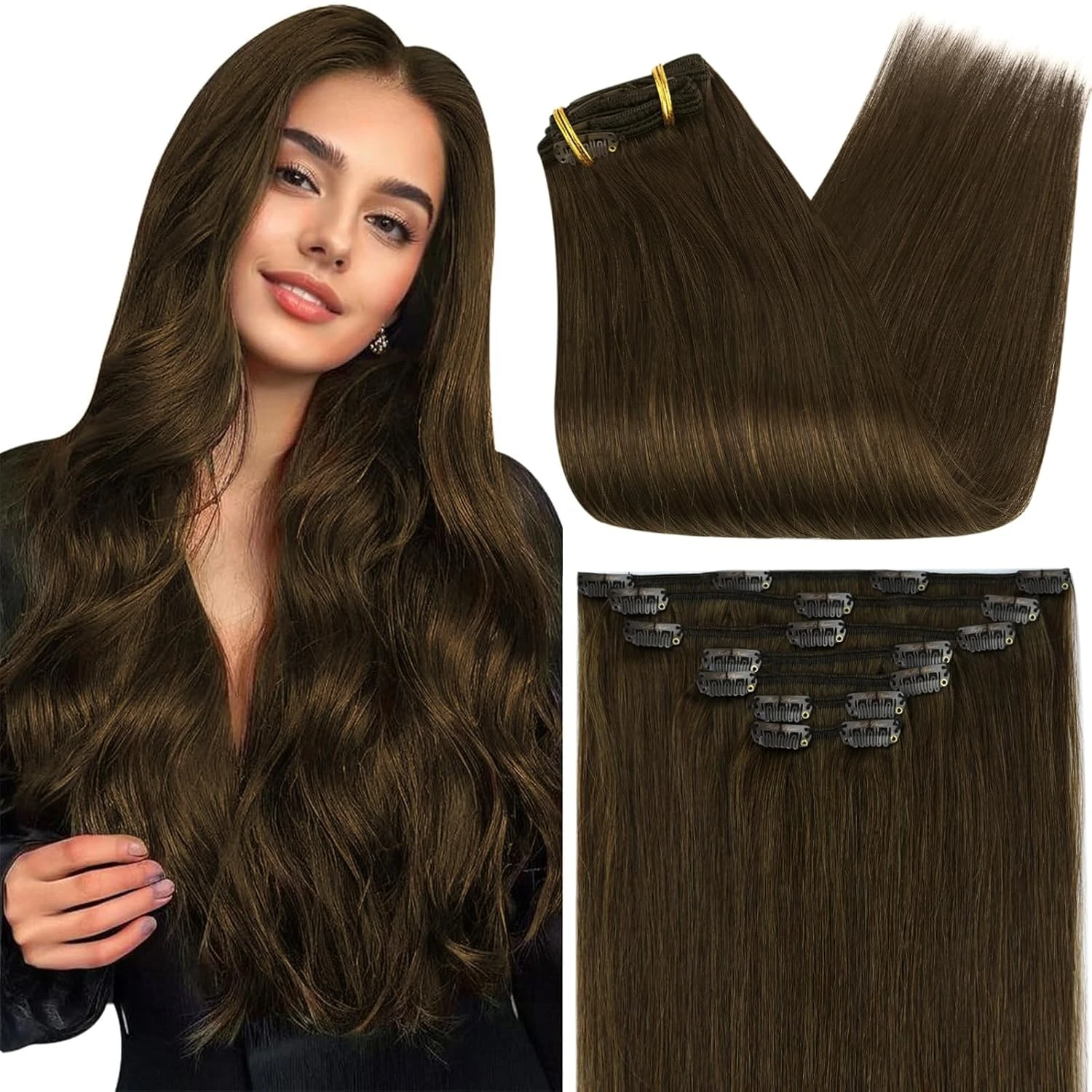 【Low price】Full Shine Clip in Hair Extensions Human Hair 7PCS 80G-105G Double Weft Hair Extensions Human Hair For Woman