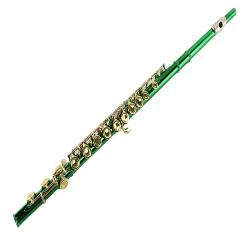 16-Hole Closed Style C Tune Flute, Professional Open Hole Flute Instrument, B Tail E Key, Green Body Golden Keys