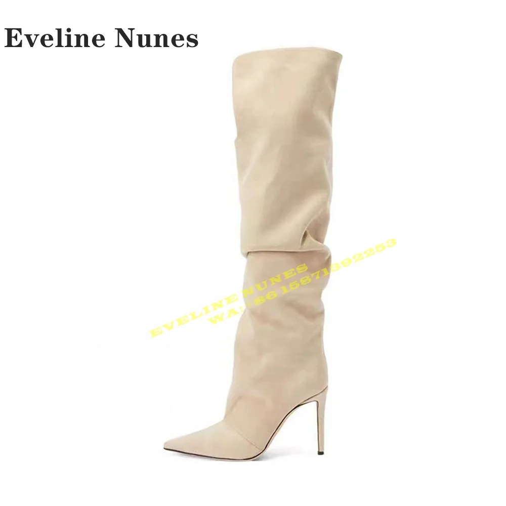 2024 New Style V-Cut Women Slouch Boots Pointed Toe Stiletto Heels Pull On Solid Large Size Concise Knee High Boots Street Style