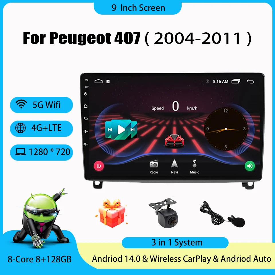

2 Din 9 inch Android radio For Peugeot 407 2004 - 2011 Navigation GPS Autoradio 4G LTE Auto Car Radio Video Multimedia Player