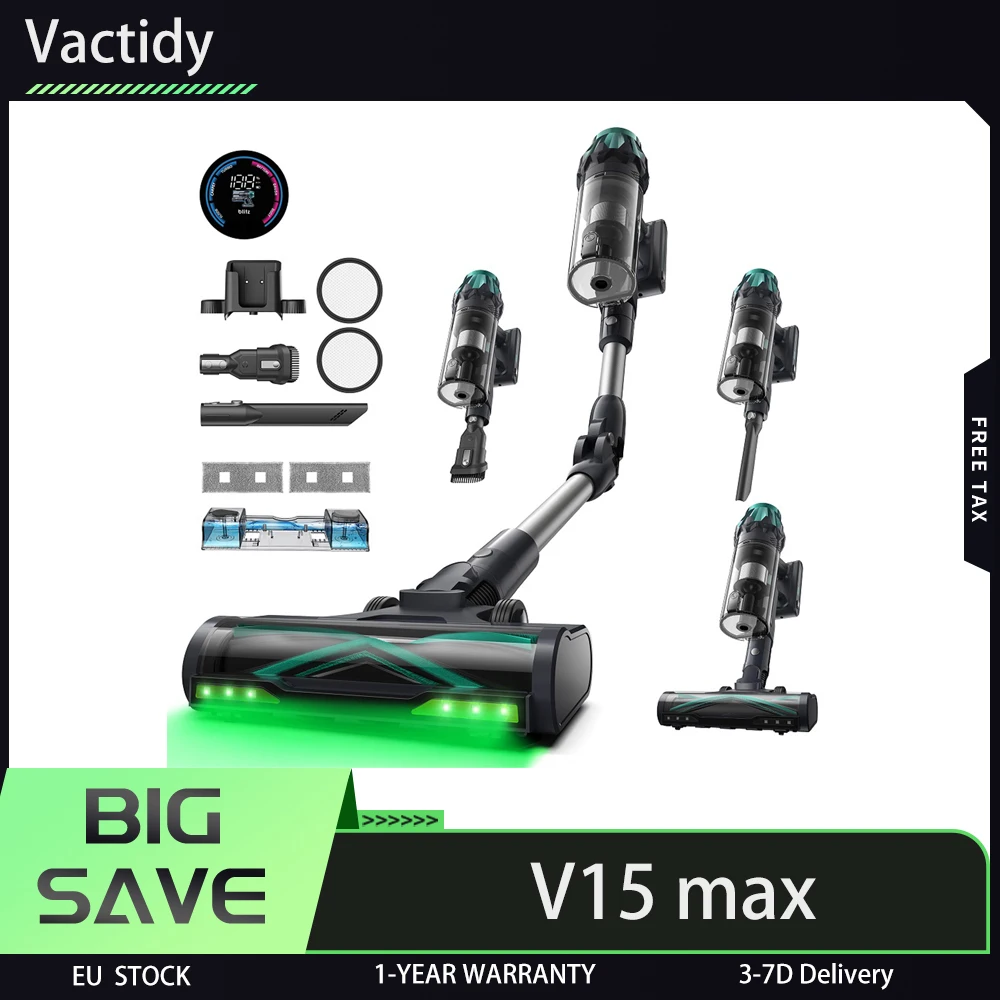 Aspiradora Inalámbrica Vactidy V15 Max, Potente Succión de 65kPa, Motor de 600W, 60 Minutos de Autonomía, Tubo Flexible, Detección de Polvo