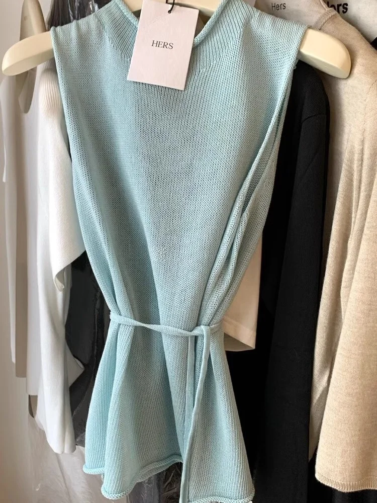 Gilet Leggero in Maglia di Seta Ghiaccio Blu Lago, Top Estivo Sottile da Donna, Quattro Stagioni, Qing Hangzhou Guangzhou Thirteen...