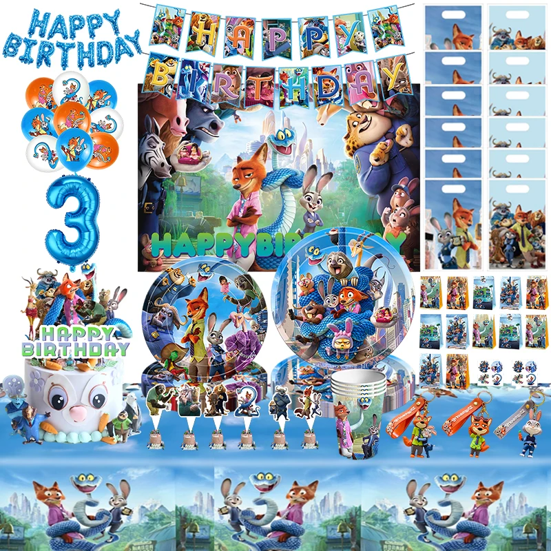 Zootopia – décoration d'anniversaire Nick Judy, vaisselle, assiettes, tasses, ensemble de ballons, porte-clés, décoration de gâteau, sacs cadeaux, fournitures de fête de noël