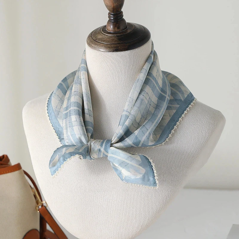 

100% Silk scarves ladies spring summer accessories Japan fashion blue plaid neck scarves woman neckerchief