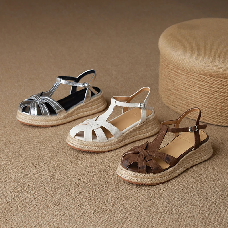 2025summer women sandals natural leather 22-25cm sheepskin+cowhide+pigskin women shoes ankle-buckle cross-strap platform Sandals