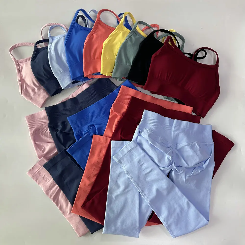No Logo Seamless Yoga Set 2 Pieces Women Workout Set Scrunch Leggings Backless Sports Bra Fitness Top Gym Pants Clothes