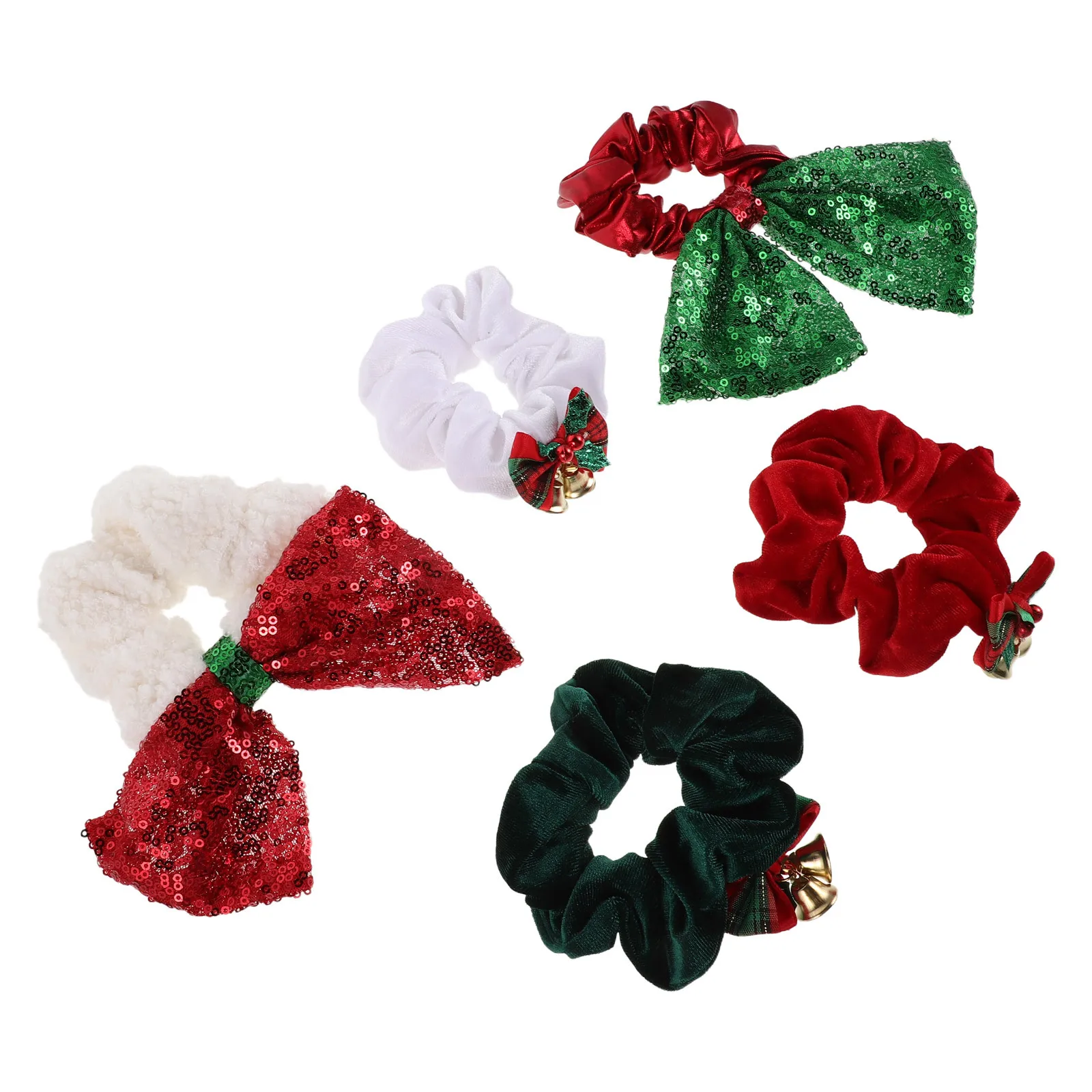 

5Pcs Christmas Hair Bands Holiday Ponytail Holders Sequins Bells Bow Xmas Elastic Hair Ties Girls Winter Festival