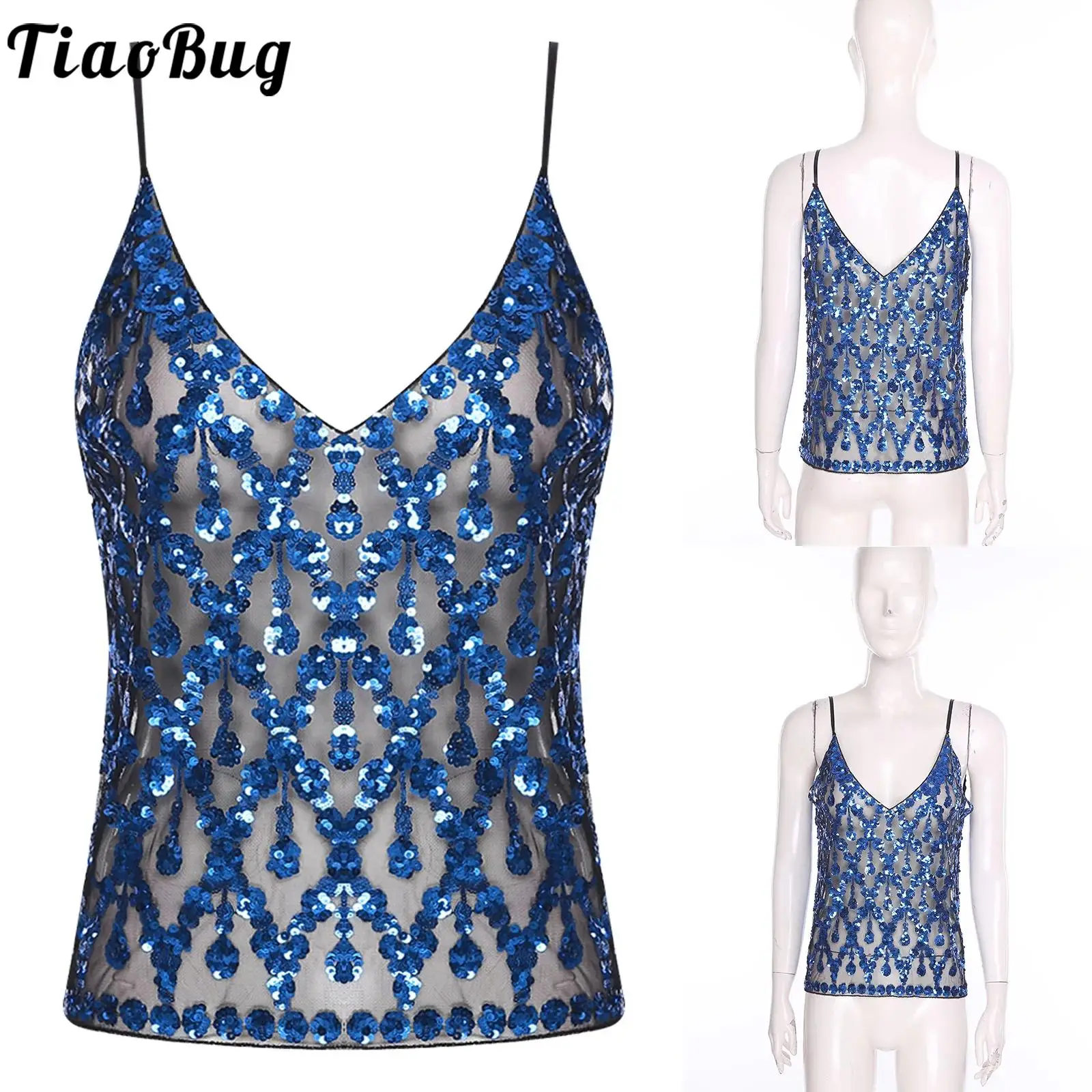 

Women Shiny Sequin Camisole V Neck Spaghetti Straps Sheer Mesh with Sequin Sling Top Tank Top Vest for Nightclub Birthday Party
