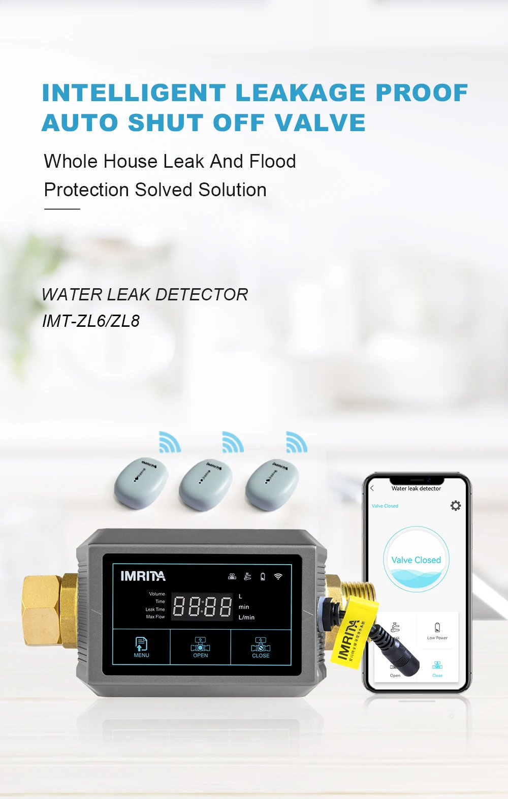 Water Leak Sensor IMRITA Smart WIFI Auto Shut Off Pipe Water Leak Detect Sensor Detector for Whole House