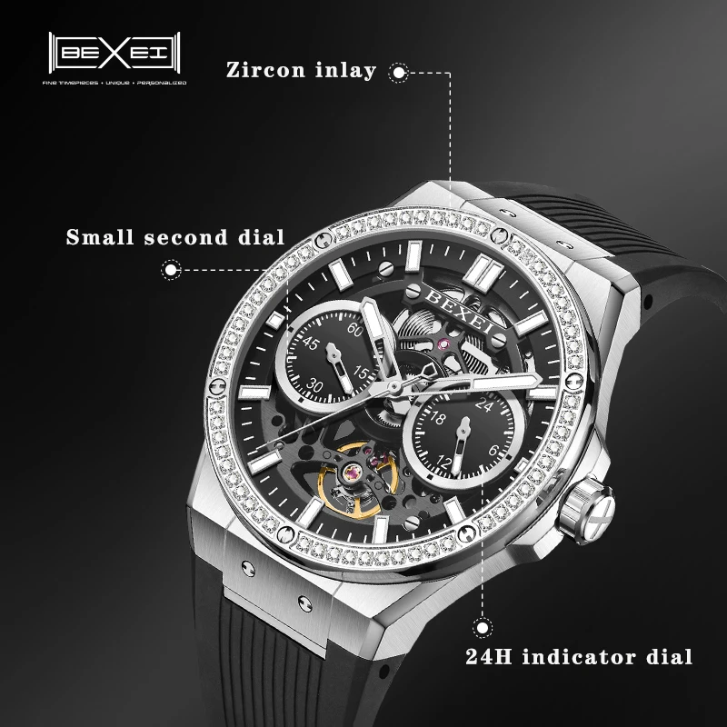 BEXEI 9129 watches for men Automatic movement Mechanical Watches 60 zircon inlays synthetic sapphire mirror Luminous waterproof