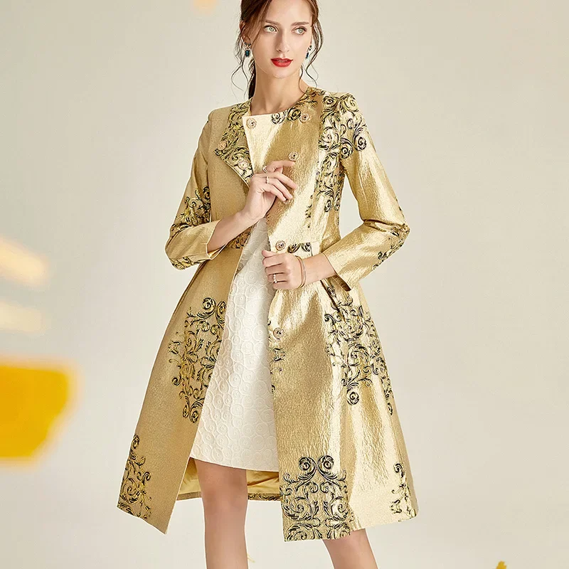 

Spring Fall 2020 New Womens Female 5xl Slim Dobby Floral Golden Trench Coat , Korean Flower High Waisted Coats for Woman