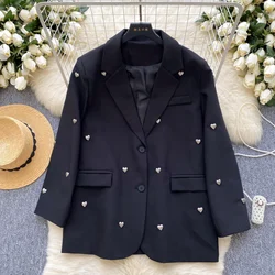 Vintage Notched Collar Chic Metal Heart-shaped Rivets Basics Button Women Korean Office Lady High Street Autumn Winter Blouse