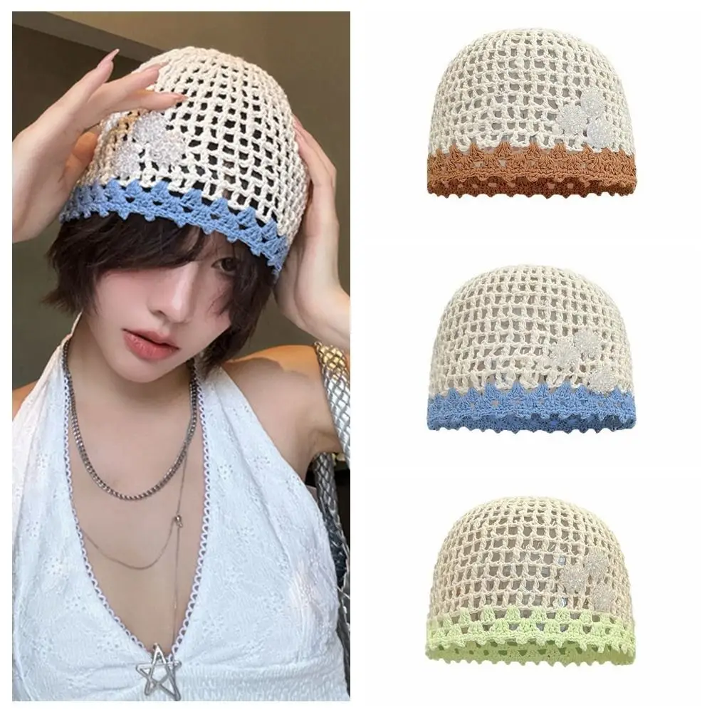 

Fashion Handmade Crochet Flower Hat Bohemian Style Korean Hollow Out Knitted Hat Ethnic Style Thin Weave Cap Spring and Summer
