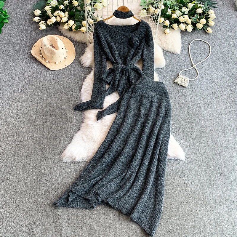 Gentle style temperament three-dimensional rolled flower round neck long sleeved waist cinched top+knitted half skirt set