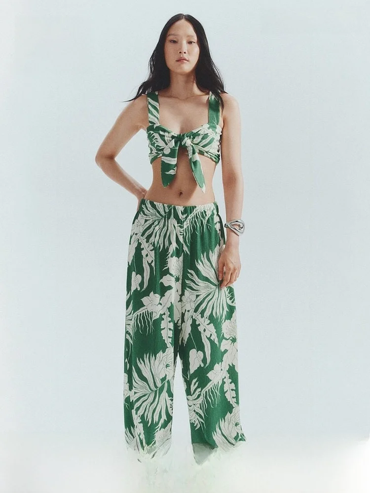 

Летние женские повседневные брюки H&M с широкими штанинами, длинные, свободного кроя, из ткани с эффектом потертости, с высокой талией и эластичным поясом