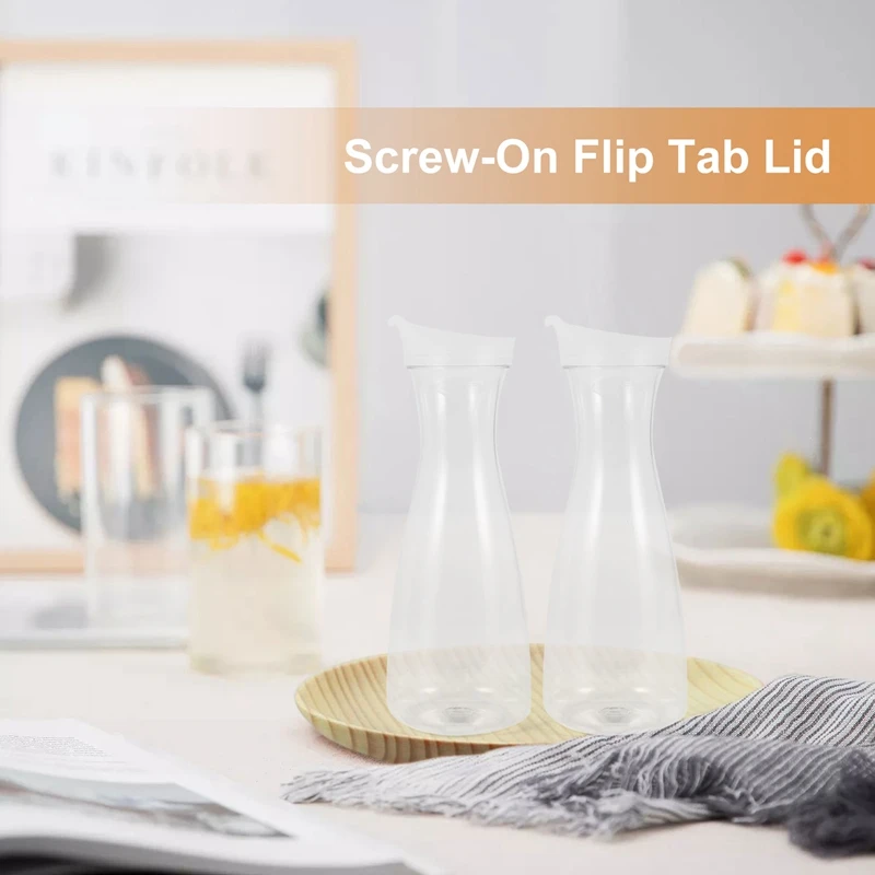 2Pcs 1L Plastic Water Carafes with White Flip Tab Lids- Food Grade & Recyclable Shatterproof Pitchers - Juice Jar