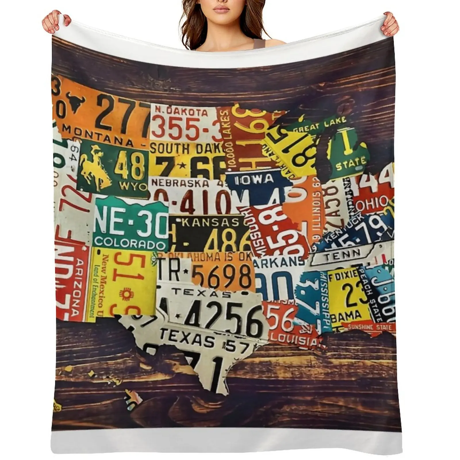 

United State of America License Plate Map Throw Blanket Camping funny gift for babies halloween Blankets