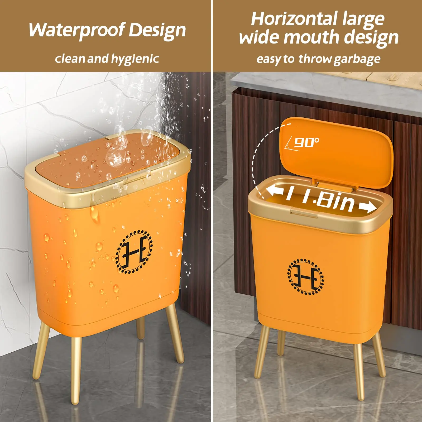 Bedroom Trash Can with Lid,Slim Bathroom Cans Lids, Dog Proof Press Top Lid,Modern Gold Plastic Waste Basket for Office,Kitchen