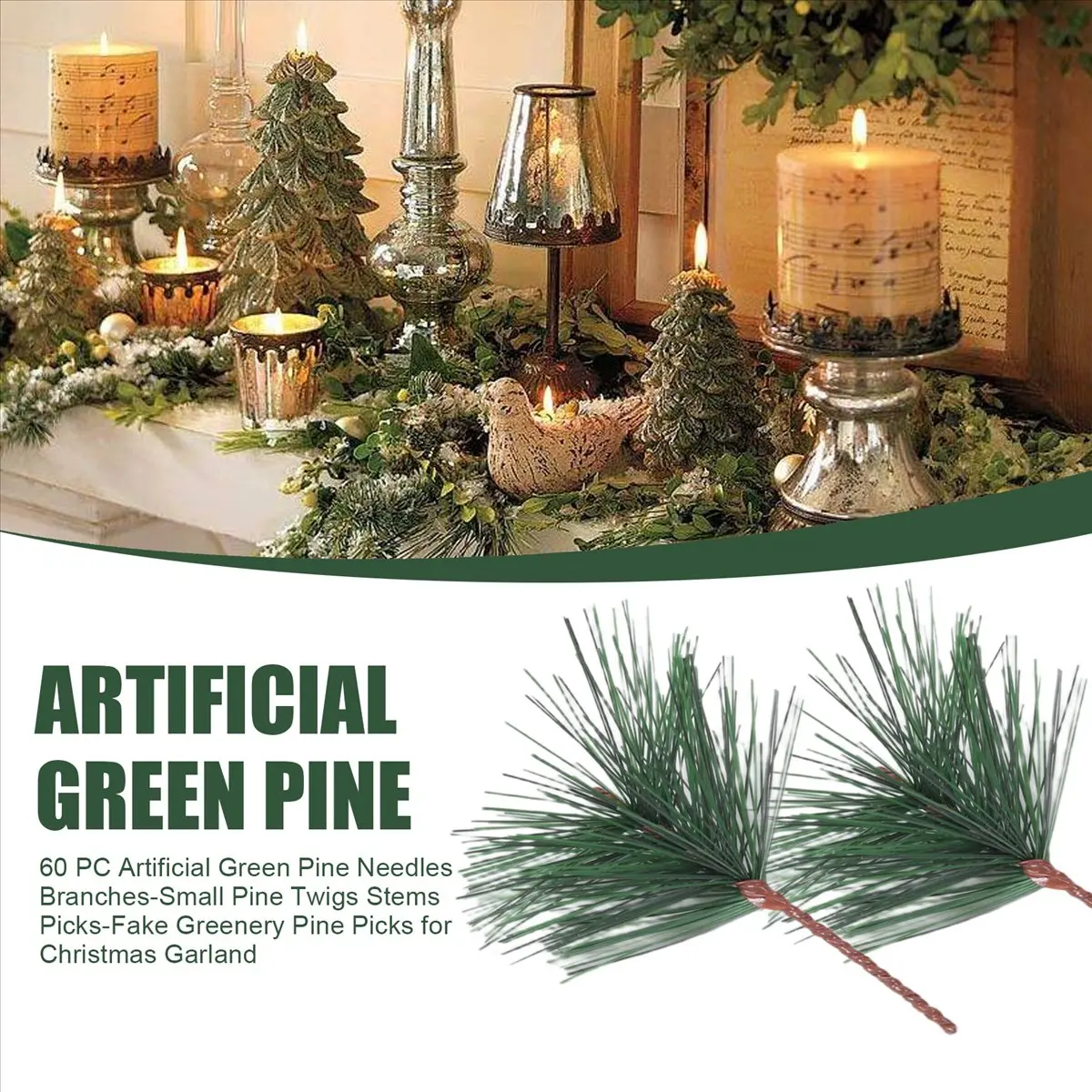 60 PC Artificial Green Pine Needles Branches-Small Pine Twigs Stems Picks-Fake Greenery Pine Picks for Christmas Garland &LICG