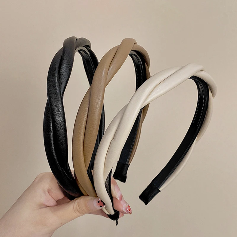 New Fashion Women Headband PU Leather Hairban Hair Hoop Twisted Braided Non-Slip Headwear Girls Vintage Turban Hair Accessories image 4