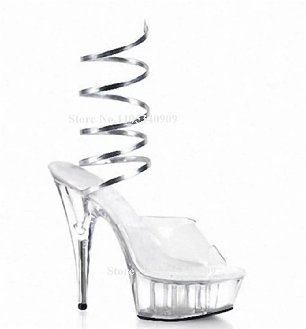 Bondarenko Sexy Sliver Snake Shaped Stiletto Heel Sandals Peep Toe Clear PVC Transparent Platform Thin Heel Dance Shoes